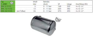 Edelstahl - Druckluftbehälter, 1.4301, PN 11, versch. Ausführungen